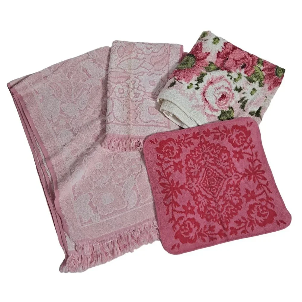 Vintage Stylehouse Bath Hand Towel Washcloth Pink Retro Soft 60s 70s USA Set x 4